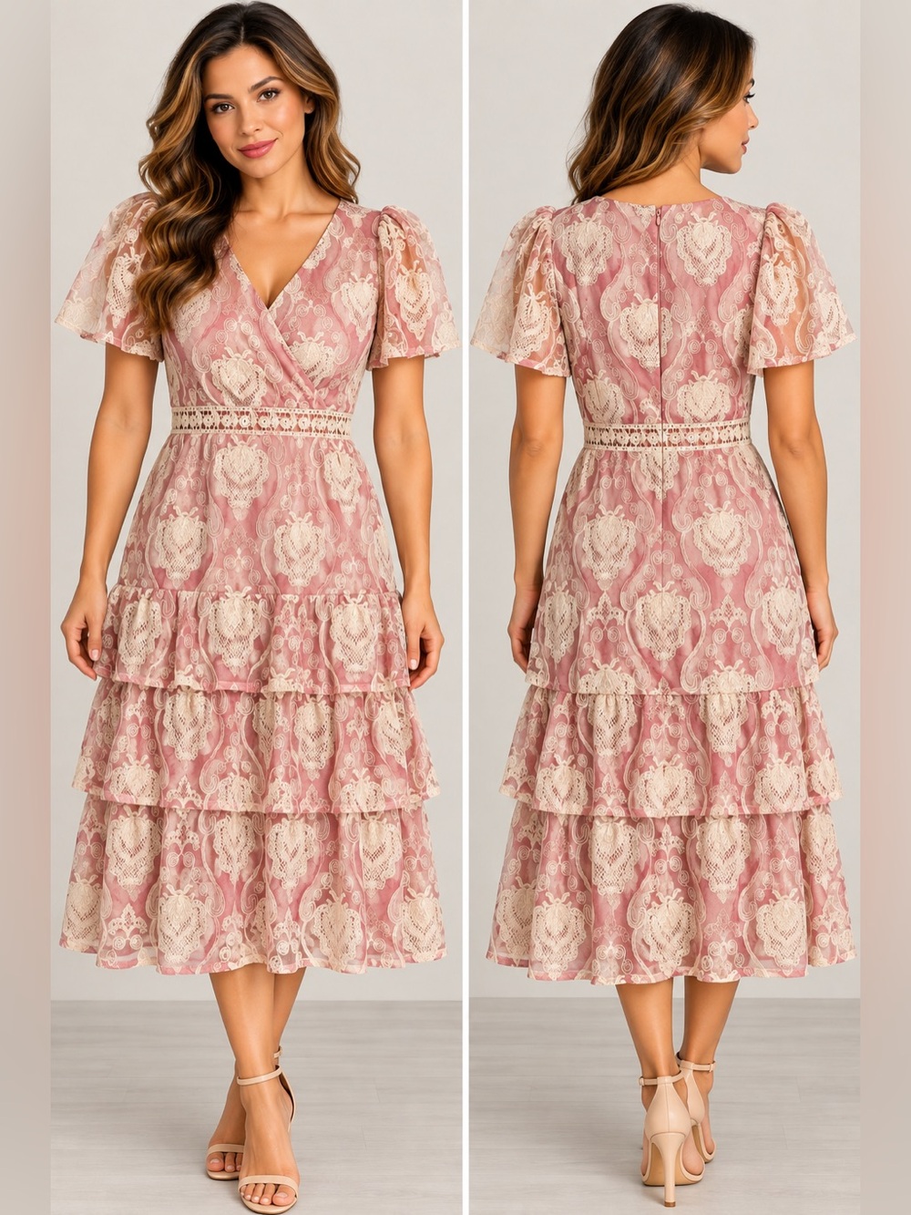 Just Me Embroidered Midi Dress in Pink & Cream NWT